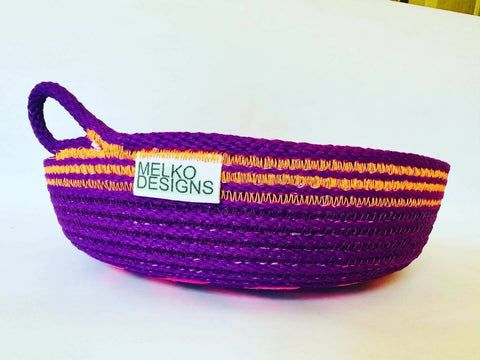 Handmade/hand dyed rope basket: purple with orange and pink