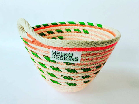 Handmade rope basket: green stripes