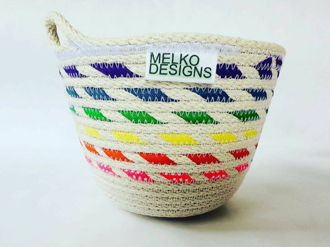 Handmade rope basket: rainbow stripes