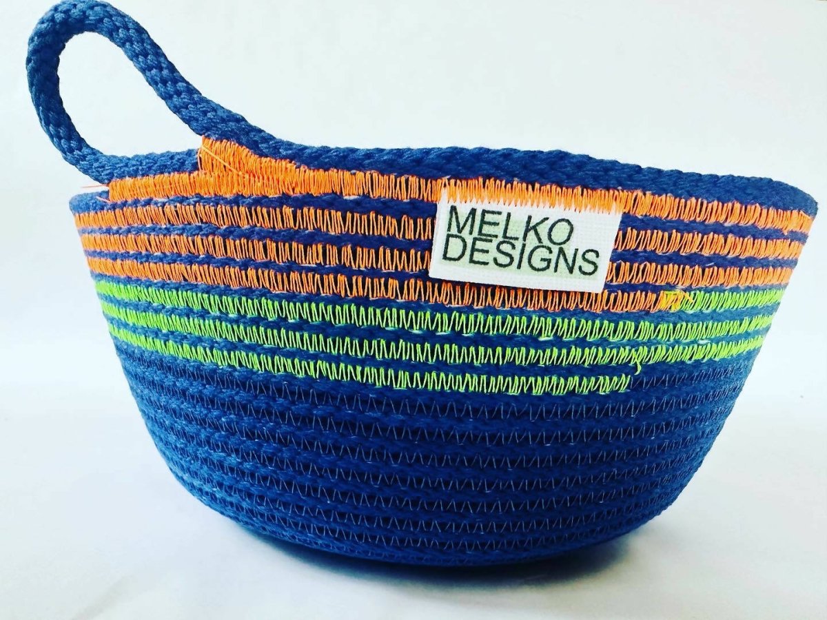 Handmade/hand dyed rope basket: Indigo with green and orange thread