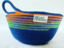  Handmade/hand dyed rope basket: Indigo with green and orange thread - Melko Designs